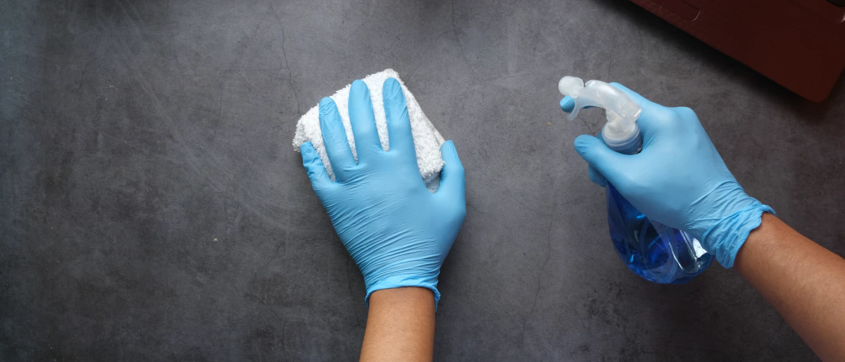 Gloved hands cleaning a surface with a spray bottle and cloth
